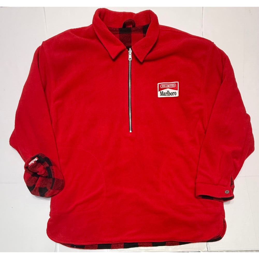 Vintage Marlboro Unlimited Reversible Fleece Pullover Red Buffalo Plaid XXL